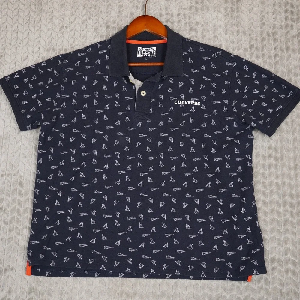 Converse Polo Shirt Boys L Navy Blue All Over Sneaker Print Short Sleeve Pique